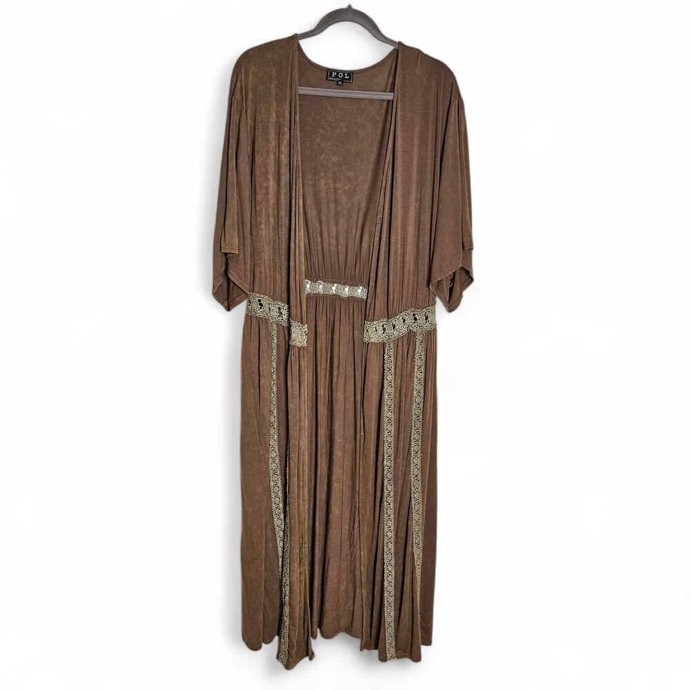 POL Womens Long Boho Crochet Lace Trim Kimono Duster Cardigan Size M/L